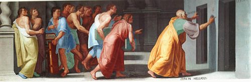 Fresco que representa a Zenón mostrando las puertas a la verdad y la falsedad en la Biblioteca de El Escorial, Madrid.