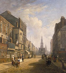 Grabado histórico de The Strand mirando hacia el este desde Exeter Exchange en 1822.