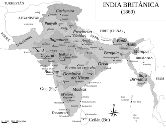 Mapa de territorios británicos y estados principescos en 1860