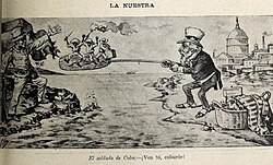 Caricatura de un soldado español retando al Tío Sam