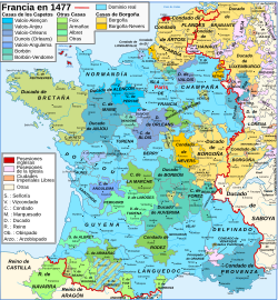 Mapa geopolítico de Francia e inmediaciones hacia el año 1477.