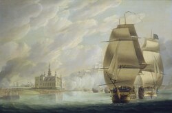 Grabado histórico de Nelson forzando el paso del estrecho el 30 de marzo de 1801