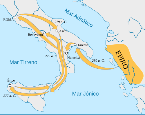 Mapa de los movimientos de Pirro durante sus campañas en Italia