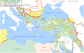 Mapa histórico que muestra la distribución de los valiatos otomanos en el año 1905.