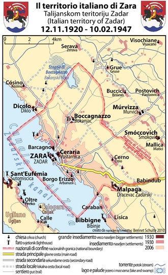 Mapa histórico del territorio de Zara italiana entre 1920 y 1947