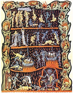 Ilustración medieval del infierno, en el manuscrito Hortus deliciarum (1180) por Herrada de Landsberg