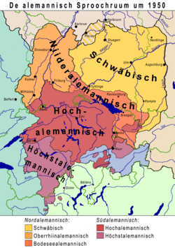 Mapa de la extensión geográfica del alemánico en Europa Central