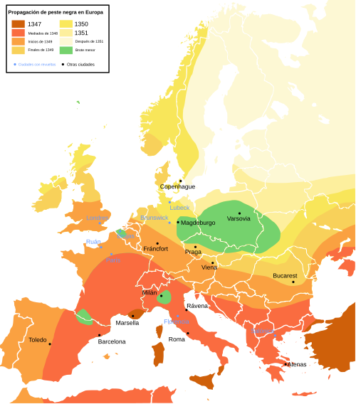 Mapa histórico de la difusión de la peste negra en Europa y regiones circundantes