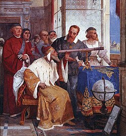 Fresco de Giuseppe Bertini que muestra a Galileo enseñando el uso del telescopio al dux de Venecia.