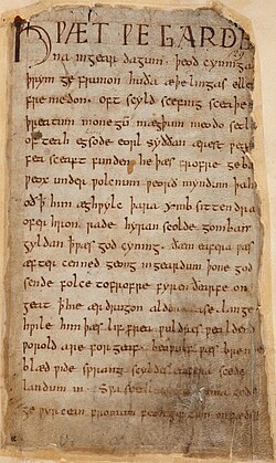 Manuscrito antiguo de Beowulf en inglés antiguo