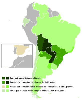 Mapa detallado de la extensión geográfica del idioma guaraní en el Cono Sur