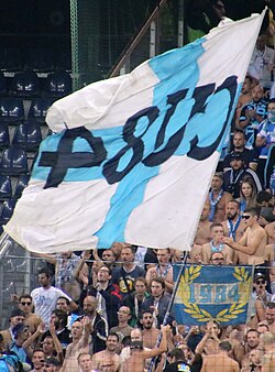 Integrantes de grupos de animación organizados en el estadio.