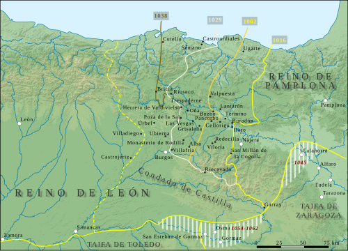 Esquema de los cambios en la frontera pamplonesa-leonesa entre 1016 y 1065.