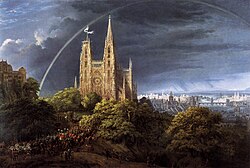 Pintura de una ciudad medieval al borde del río