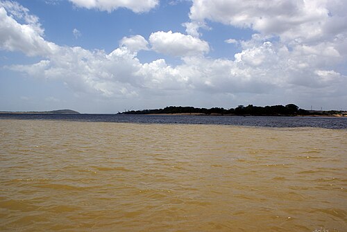 Confluencia del río Caroní con el Orinoco mostrando diferencias de color y sedimentos