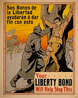 Cartel de propaganda histórica empleado en Filipinas que representa la figura de un soldado crucificado.