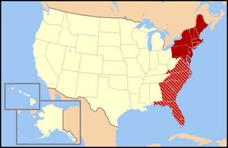 Mapa de los Estados Unidos mostrando las variaciones en la definición de la costa este
