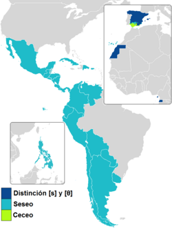 Mapa de distribución geográfica del seseo en el mundo hispanohablante.
