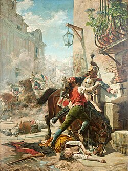 Pintura histórica que muestra a Malasaña y su hija combatiendo a los franceses