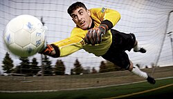 Un portero en acción durante un partido de fútbol.