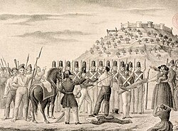 Grabado histórico que muestra a soldados azotando a un civil durante la Patuleia.