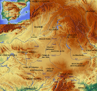 Mapa físico centrado en Castilla-La Mancha