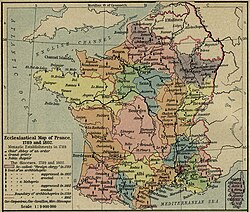 Mapa histórico de las diócesis eclesiásticas de Francia en 1789