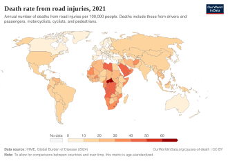 Mapa mundial con tasas de mortalidad por accidentes de tráfico