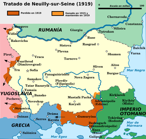 Mapa de las pérdidas territoriales búlgaras tras el Tratado de Neuilly