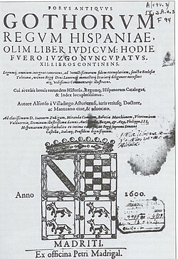 Portada histórica del Liber Iudiciorum en una edición del año 1600.