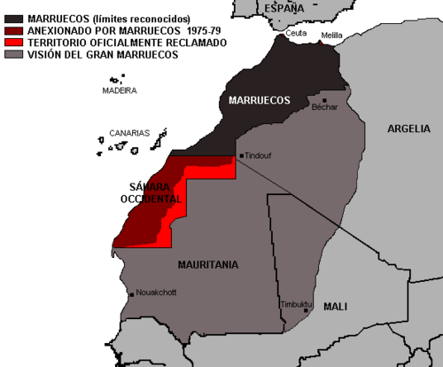 Mapa que muestra las reivindicaciones territoriales del Gran Marruecos según Allal el Fassi