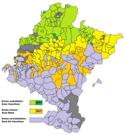 Mapa de la distribución municipal de las zonas vascófona, mixta y no vascófona en Navarra
