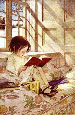 Ilustración de una niña leyendo un libro