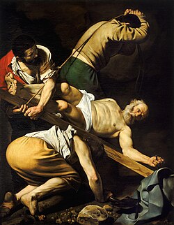 Pintura de Caravaggio que representa la crucifixión de Pedro con la cabeza hacia abajo.