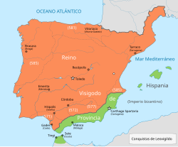 Mapa del reino visigodo a la muerte de Leovigildo