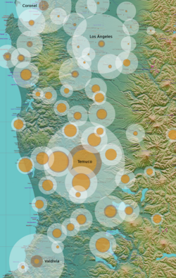 Mapa de distribución de la población mapuche rural y urbana según el censo de 2002 por comunas.