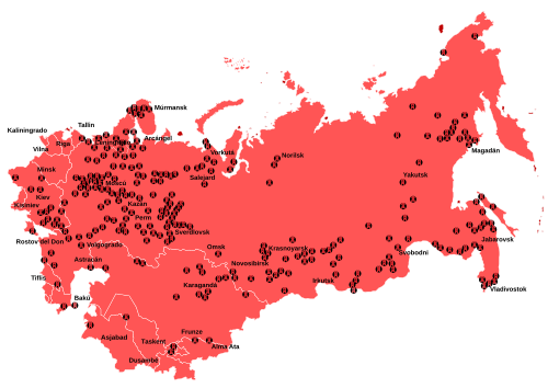Mapa con la ubicación de los campos de trabajo del Gulag en la URSS.