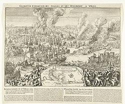 Grabado antiguo que muestra el despliegue de barcos durante el combate