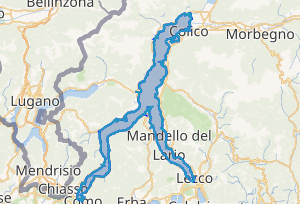Mapa detallado del Lago de Como y sus ramificaciones