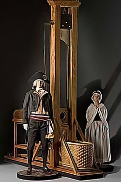 Esquema clásico de una guillotina con su marco vertical y cuchilla oblicua