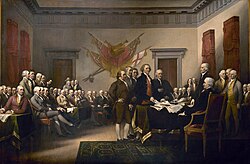 Grabado histórico de la firma de la Declaración de Independencia de los Estados Unidos.