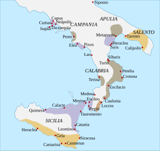Mapa conceptual de la procedencia etnolingüística de los griegos de Magna Grecia