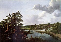 Pintura antigua de paisaje neerlandés