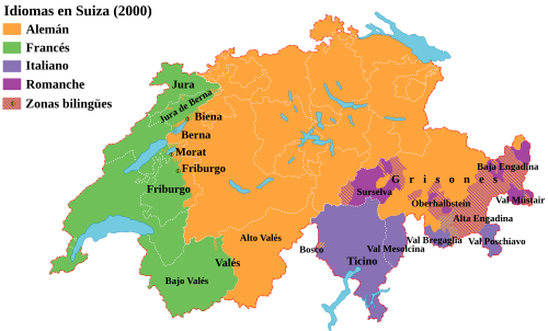 Mapa de las lenguas de Suiza destacando la parte germanófona en naranja