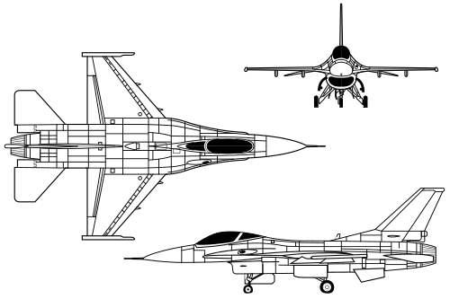 Dibujo técnico de tres vistas del F-16