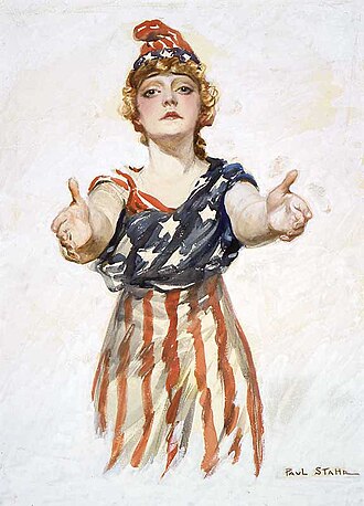 Columbia personificada en un cartel patriótico histórico.
