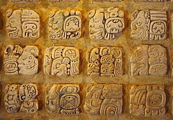 Glifos mayas grabados en estuco en el Museo de Sitio Dr. Alberto Ruz L'Huillier en Palenque, México.