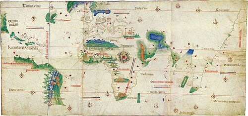 Planisferio de Cantino de 1502 que muestra las rutas de Vasco da Gama, Colón, Corte-Real y Cabral