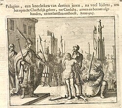 Pelayo representado en 1660 en Espejo de los Mártires.
