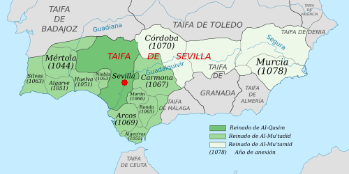 Detalle cartográfico de la expansión y campañas de la Taifa de Sevilla
